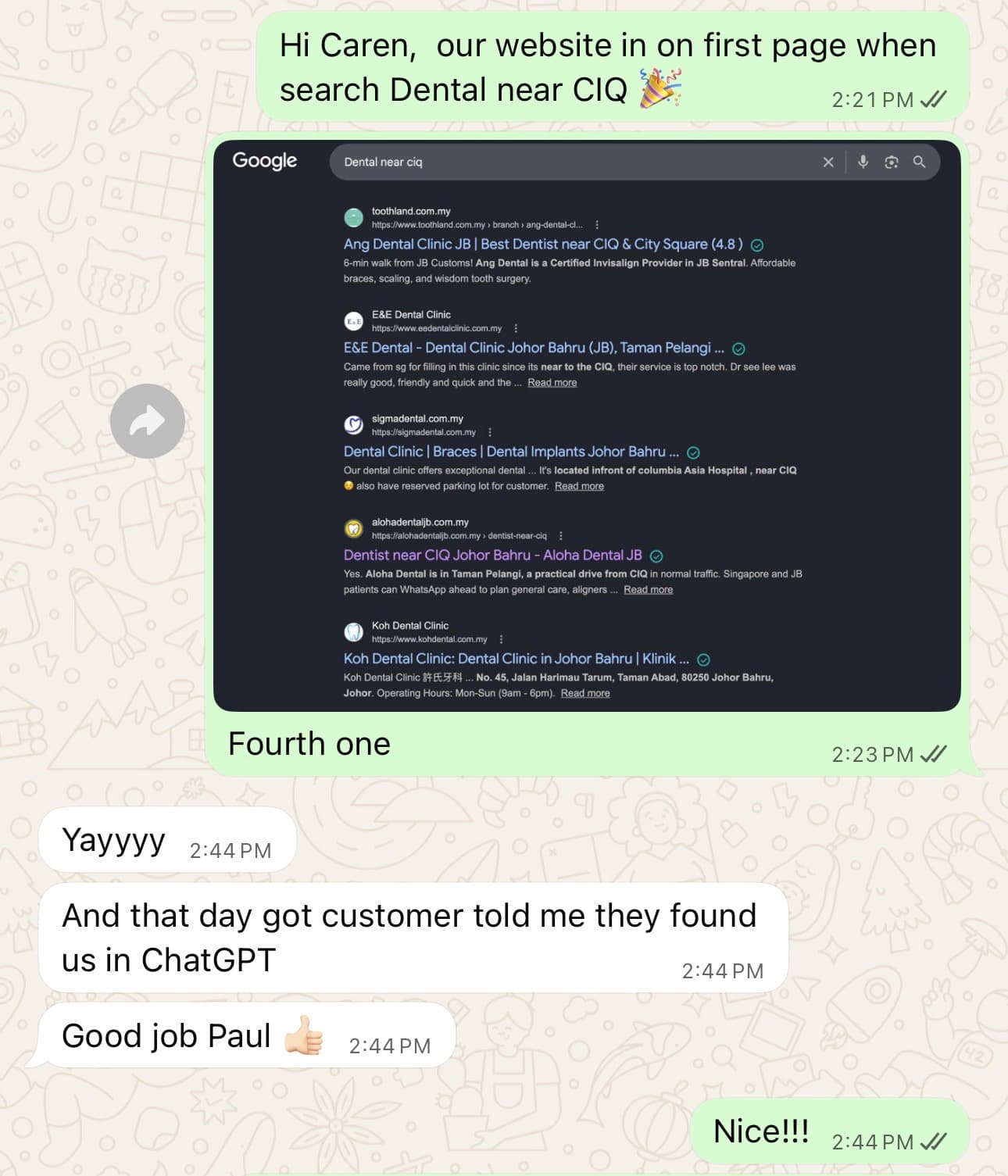 WhatsApp message from Dr. Caren saying a customer found Aloha Dental through ChatGPT