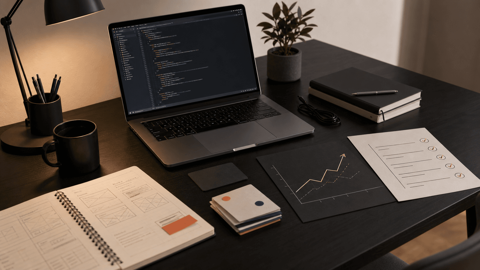 Website planning desk with launch notes and development work